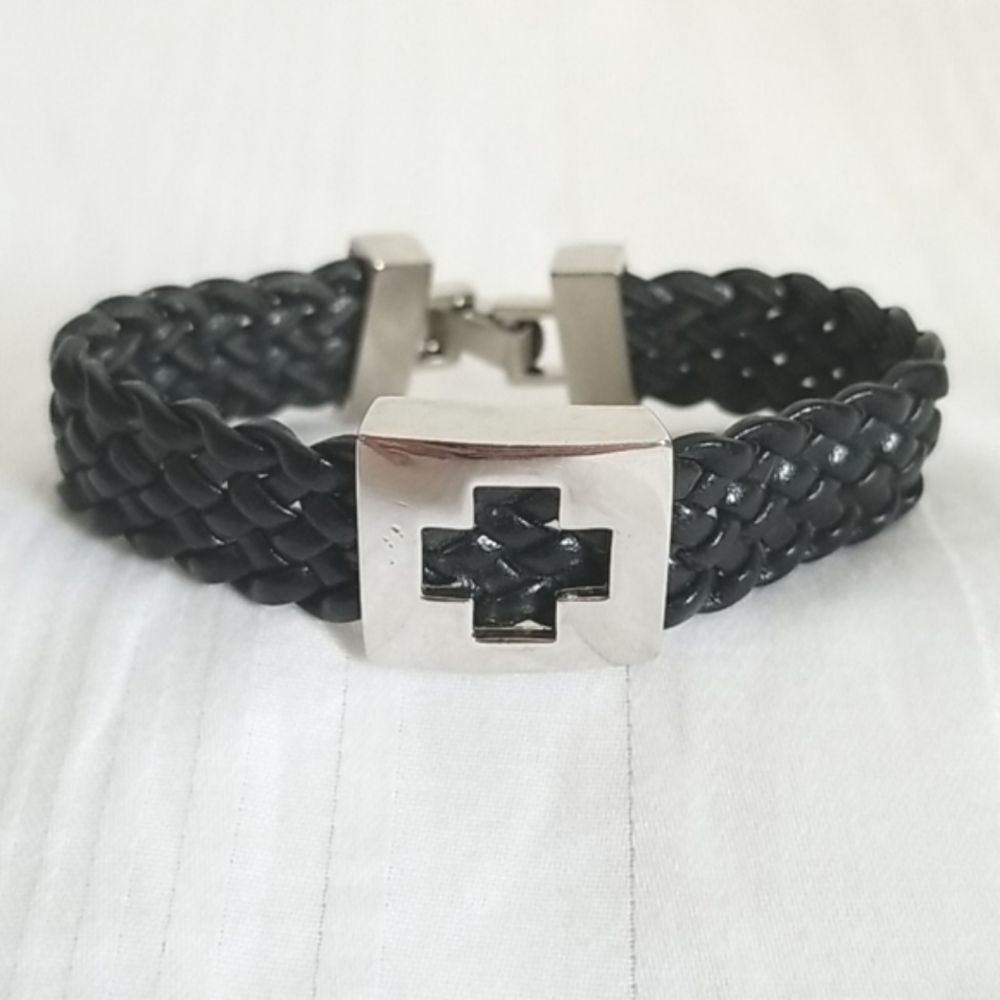 Silver Black Leather Cross Bracelet